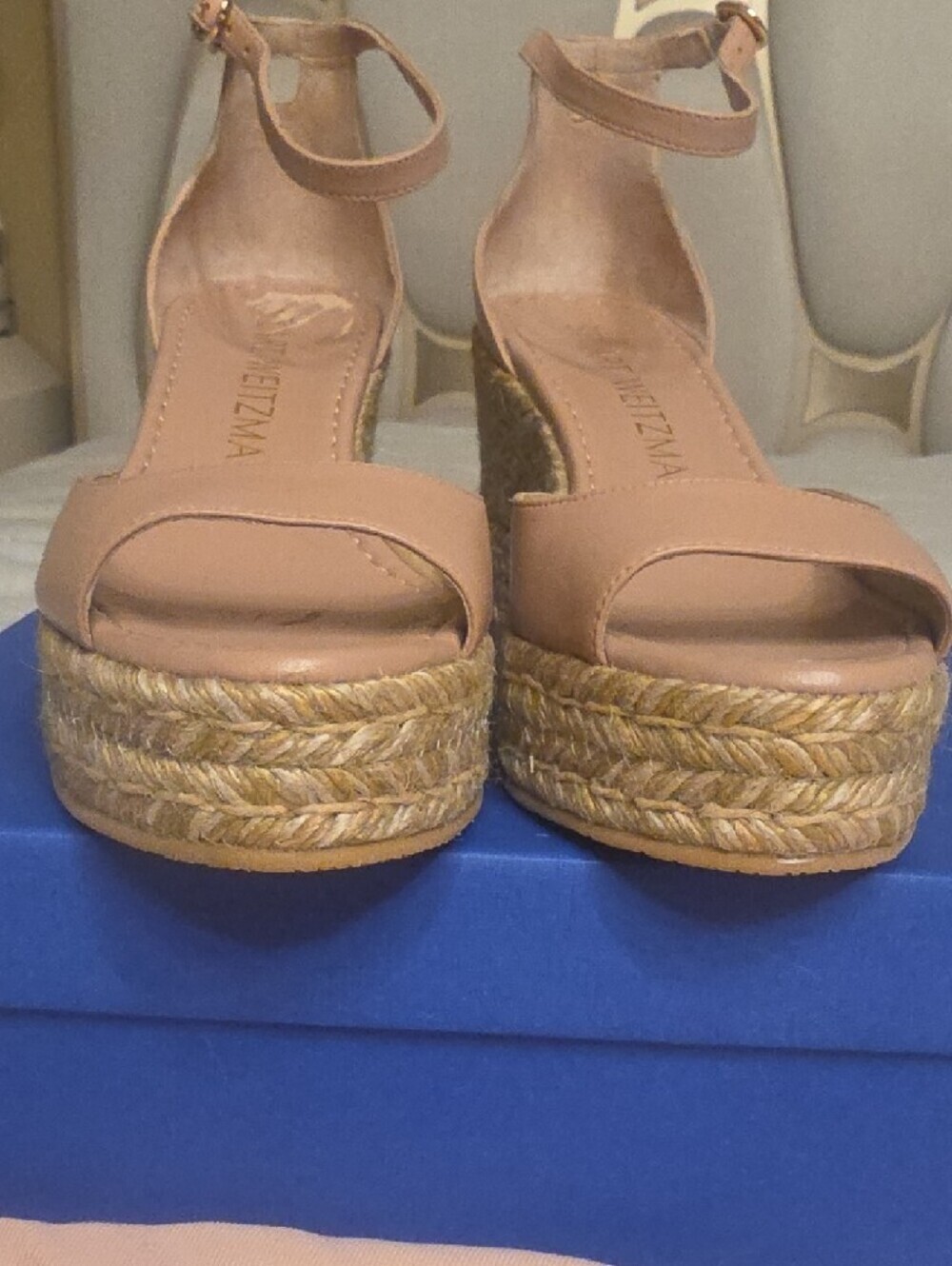Stuart Weitzman Leather Blush Tan Espadrille Wedge Sandals with Ankle Strap 8.5 - Picture 15 of 16